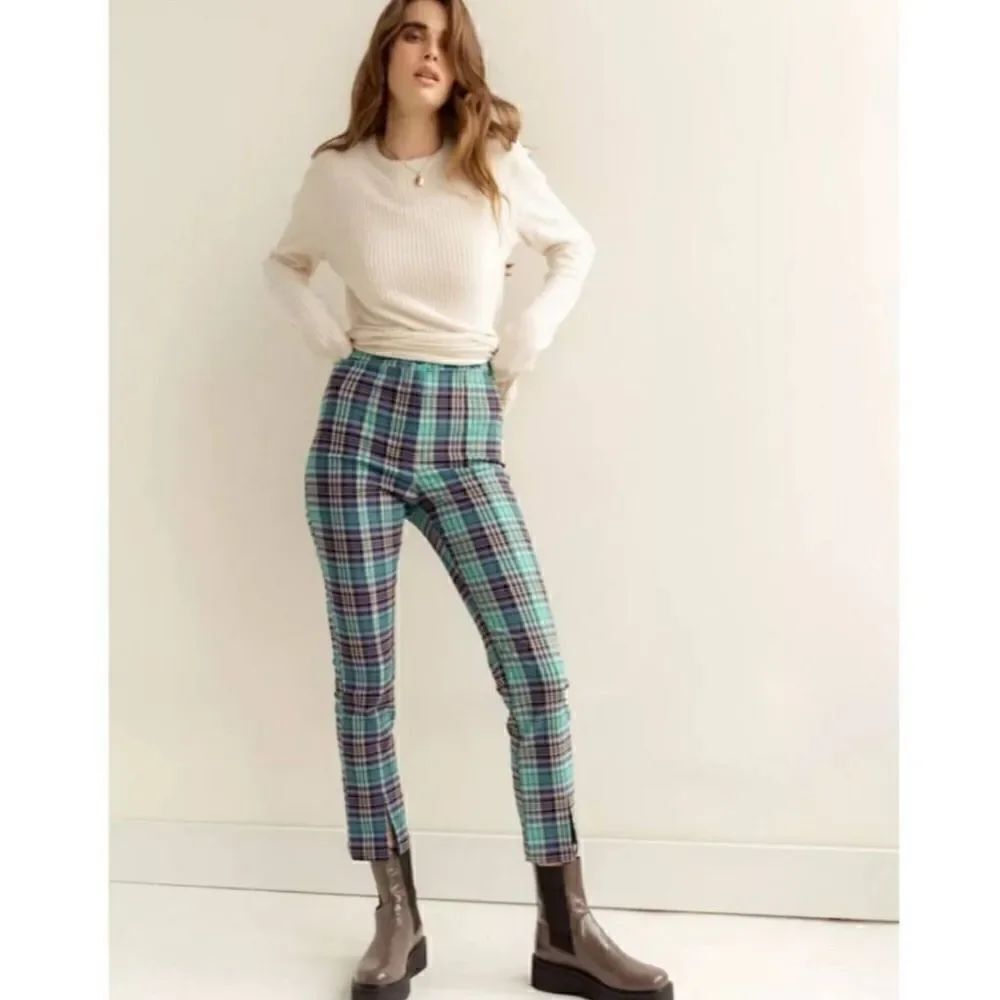 Urban Outfitters Tessa Green Blue Plaid High Waist Notched Ankle Pants Size 4
